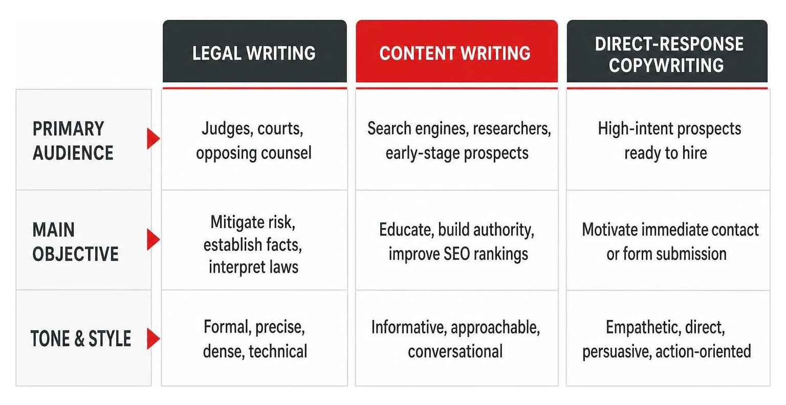 Comparison of legal writing, content writing, and copywriting